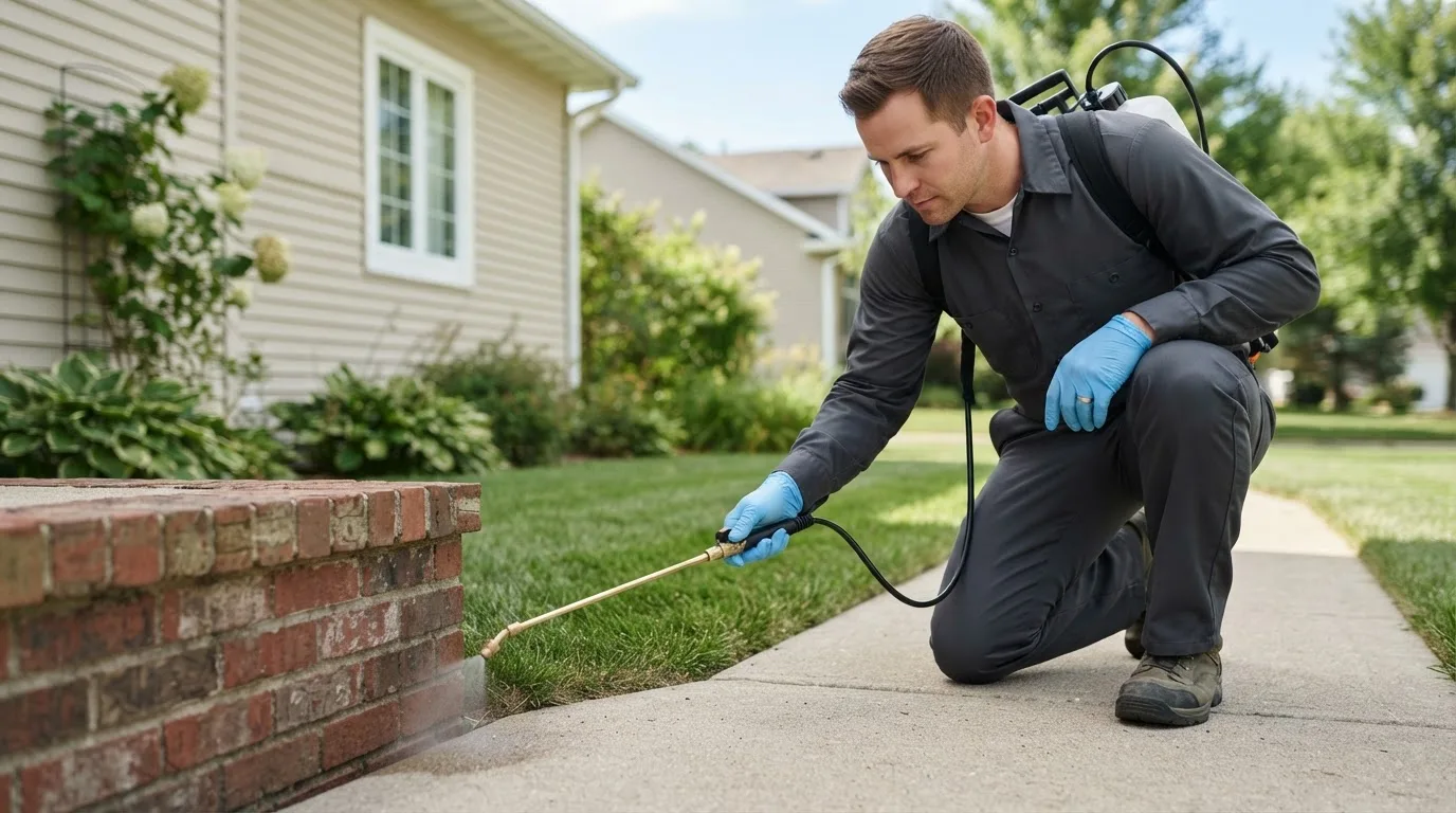 Pest control technician treating a home near Woosung, IL